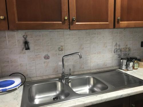 una cucina con lavello in acciaio inox e mobili in legno di Casa Serena a Torino