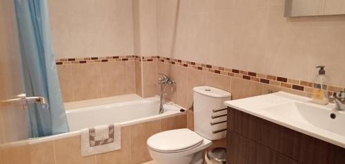 y baño con aseo, bañera y lavamanos. en Apartaments del Llierca, en Sant Jaume de Llierca