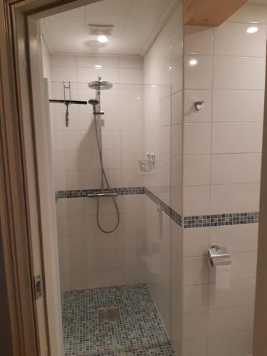 een douche met een glazen deur in de badkamer bij B&B Camp Ängra in Kårböle