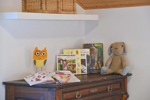 a table with books and a stuffed bear on it at Ebenhof in Collepietra