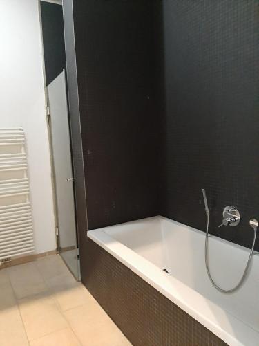 a bath tub with a shower in a bathroom at Hochwertig im Herzen Stuttgarts in Stuttgart