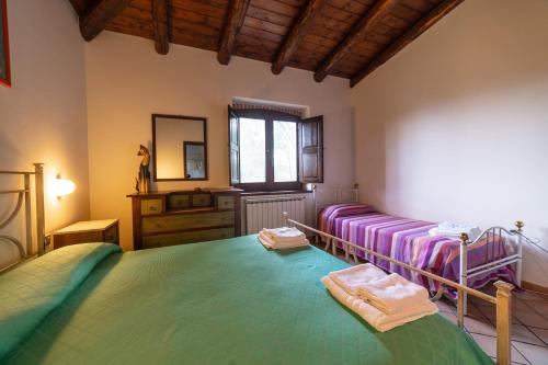 a bedroom with two beds and a mirror at Pie' d'Ulivo in Bosco