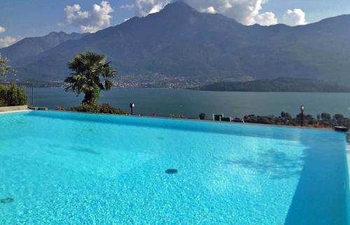 a large blue swimming pool with a view of the water at La Collina dei Fiori in Vercana