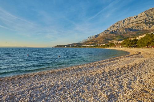 a beach with a rocky shore with mountains in the background at Apartments Zelic Tucepi in Tučepi
