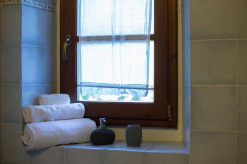 a bathroom with towels on a shelf in a window at Agriturismo Casariccio - Casa Dalia in Bucine