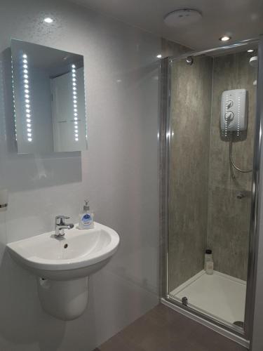 a bathroom with a shower, sink, and mirror at Lindisfarne Bed & Breakfast in Stromness