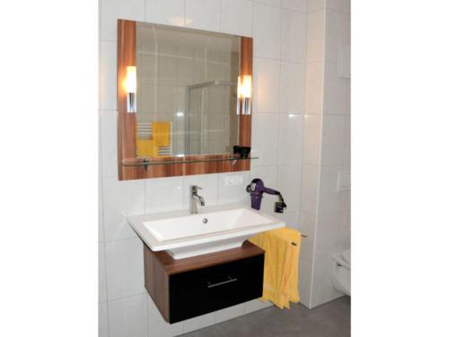 un baño con lavabo y espejo en Caseti 5_ Ferienwohnungen _ Rothen, en Oberdachstetten