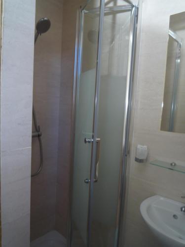 a shower with a glass door next to a sink at Hôtel Lyonnais in Nice