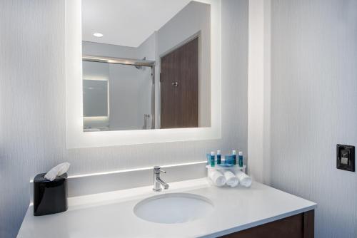 a white bathroom with a sink and a mirror at Holiday Inn Express & Suites Round Rock - Austin N by IHG in Round Rock