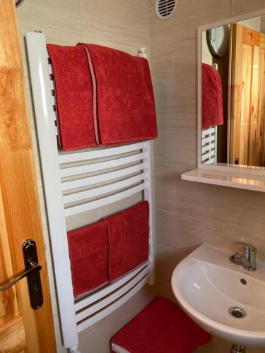 a bathroom with red towels and a sink at Chata pri jazere - 6km od Slovakia Ringu in Horná Potôň