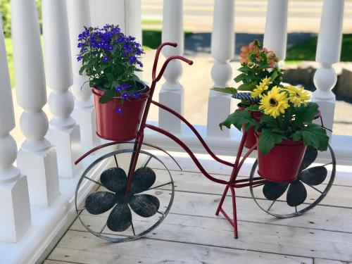 two plants in flower pots on a porch at Tattingstone Inn in Wolfville