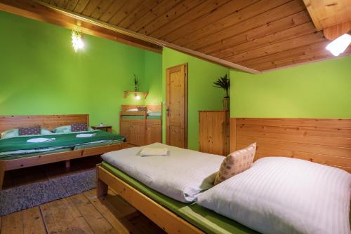 a bedroom with two beds and green walls at Apartmán - Apartament Tatralandia 331 in Liptovský Mikuláš