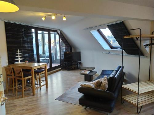 a cat laying on a chair in a living room at Super Penthouse #9 oder Studio #6 mit Aufzug, Terrasse & Wintergarten im Zentrum in Eschweiler
