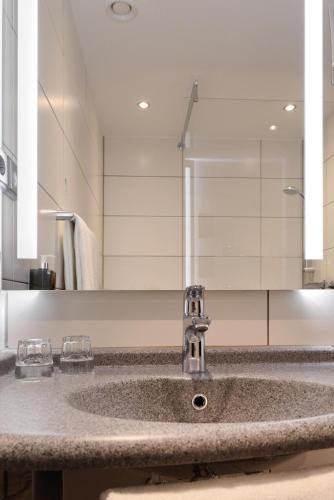a bathroom counter with a sink and a mirror at Seminaris Hotel Lüneburg in Lüneburg