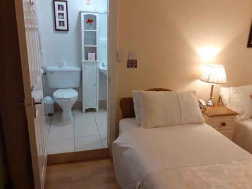 a bedroom with a bed and a bathroom with a toilet at Athlumney Manor Guest Accommodation in Navan