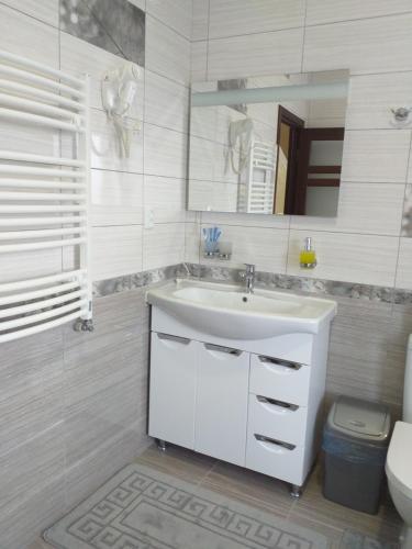 Baño blanco con lavabo y espejo en Усадьба " У Артура", en Solochyn
