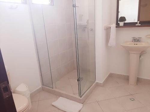 y baño con ducha, aseo y lavamanos. en Hotel Poblado Campestre, en Medellín