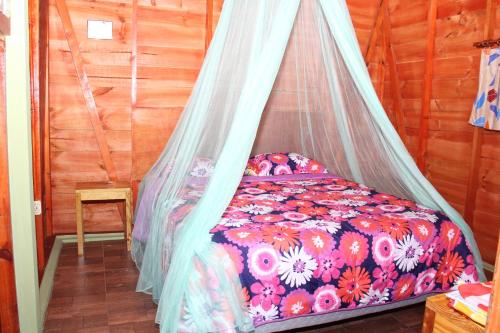 a bedroom with a bed with a mosquito net at Yasipark - Nature Park und Ecolodge in Yásica Arriba