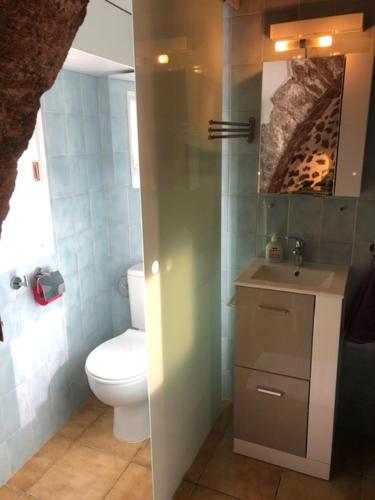 une salle de bain avec toilettes et lavabo dans l'établissement maison de vacances Médiévale Bormes-les-Mimosas village, à Bormes-les-Mimosas