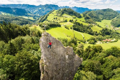 a person standing on top of a large rock at Kräuterhof Miesrigl in Losenstein
