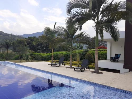 a swimming pool with two chairs and palm trees at Villa Zully in Villeta