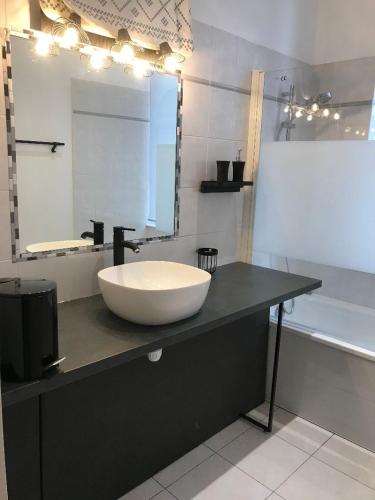 baño con lavabo y espejo grande en BORD DE TARN, en Albi