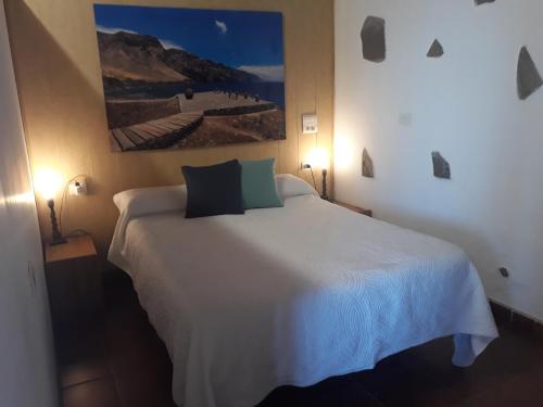 a bedroom with a white bed and a painting on the wall at CASAS EN FINCA ECOLÓGICA EL BICLEN, NATURALEZA, CALMA Y VISTAS al MAR, in Icod el Alto