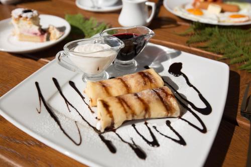 une assiette avec un morceau de gâteau nappé de sauce au chocolat dans l'établissement Вілла Тростян Резорт, à Slavsko