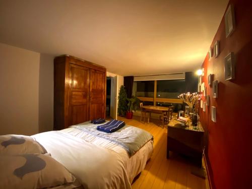 a bedroom with a bed and a desk and a window at Homestay Le Corbusier 5 ieme Rue in Firminy