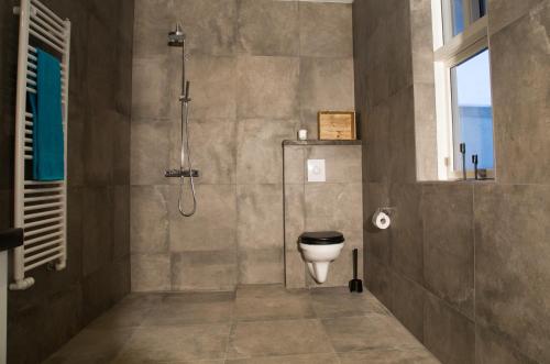 a bathroom with a toilet and a shower at Varmi Guesthouse Apartments & rooms in Hveragerði
