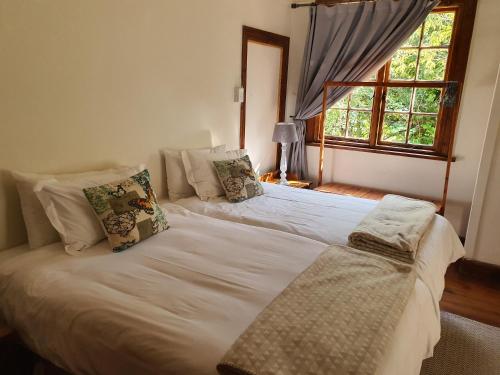ein Schlafzimmer mit zwei Betten und einem Fenster in der Unterkunft Skye High House & Cottage in Dullstroom