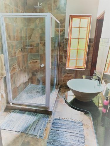 a bathroom with a shower and a sink at Skye High House & Cottage in Dullstroom