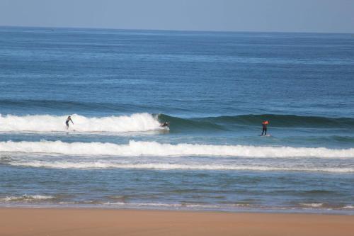 two people riding waves in the ocean on surfboards at Auberge Maison Diyani in Sidi Ifni