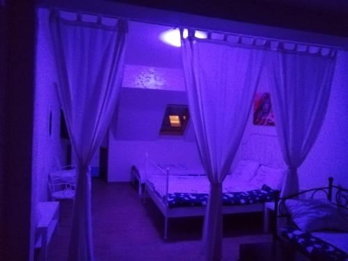a purple room with two beds and curtains at Retro apartment in Zemun