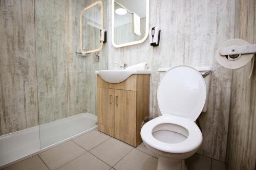 a bathroom with a toilet and a sink and a mirror at Embassy Apartments in Glasgow