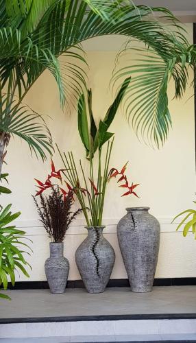 three vases with plants in them sitting on a shelf at Benian Villas in Nusa Dua