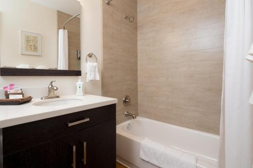 a bathroom with a sink and a bath tub and a mirror at Hotel Flora and Fauna in Wimberley