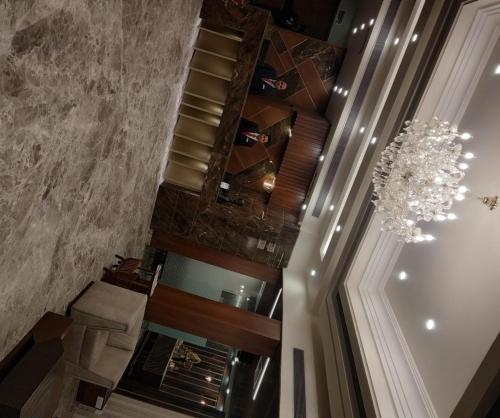 an overhead view of a wine cellar with a chandelier at Hotel Shagun Chandigarh Zirakpur in Chandīgarh