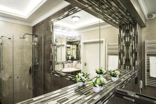 uma casa de banho com um chuveiro, um lavatório e um espelho. em Boutique Odyseja & Spa em Ciechocinek