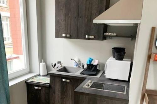 une petite cuisine avec un évier et un micro-ondes dans l'établissement Caudry : Bel appartement plein centre, à Caudry