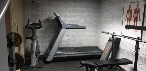 a gym with a treadmill and two exercise bikes at IzKaMaGe Hotel in Västerås