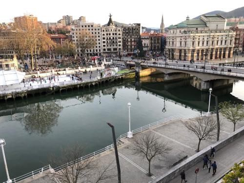 a bridge over a river in a city with buildings at Hotel Ripa in Bilbao