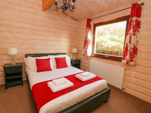 a bedroom with a bed with red pillows and a window at Mountain View in Rhayader