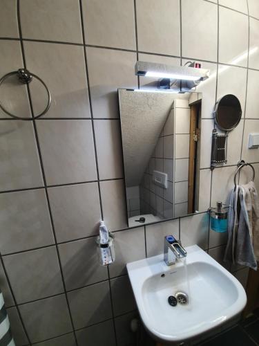 a bathroom with a sink and a mirror at Dachgeschosswohnung in Neumünster 2 Zimmer in Neumünster