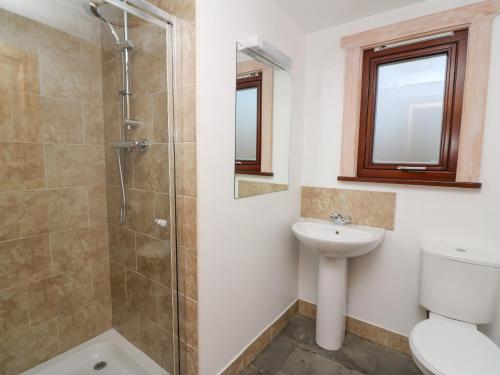 a bathroom with a shower and a toilet and a sink at Mountain View in Rhayader