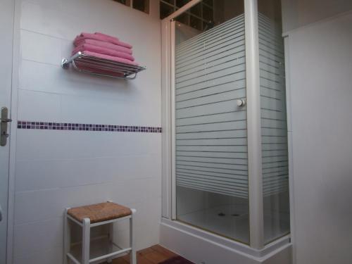una doccia con una porta in vetro in un bagno di Les Tachats a Hautefort