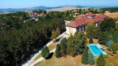 an aerial view of a house with a swimming pool at Apartment White Bear in Zlatibor