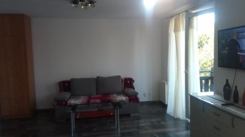 a living room with a couch and a window at Apartament w Giżycku przy plaży in Giżycko