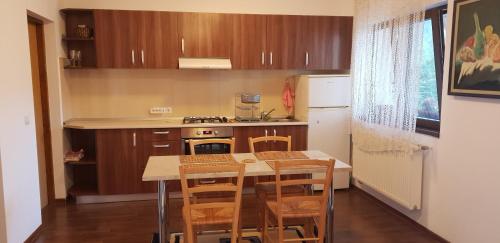 a kitchen with a table with chairs and a stove at Limpedea Green House in Baia Mare