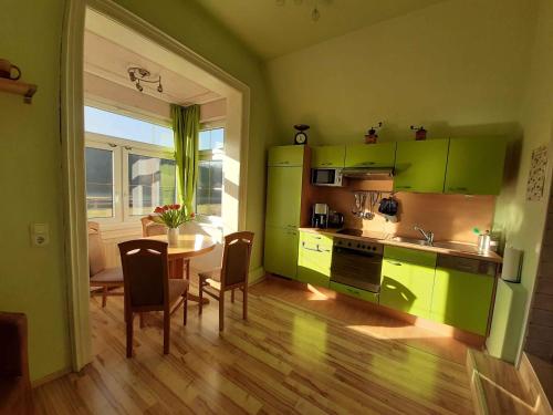 a kitchen with green cabinets and a table with chairs at Ferienwohnung Elbsommer am Weinberg in Meißen
